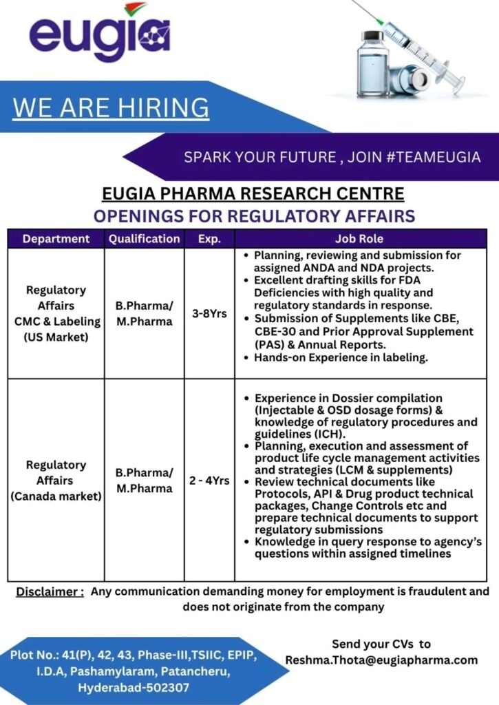 Eugia Pharma is a rapidly growing pharmaceutical organization known for its innovation, regulatory excellence, and global presence. 