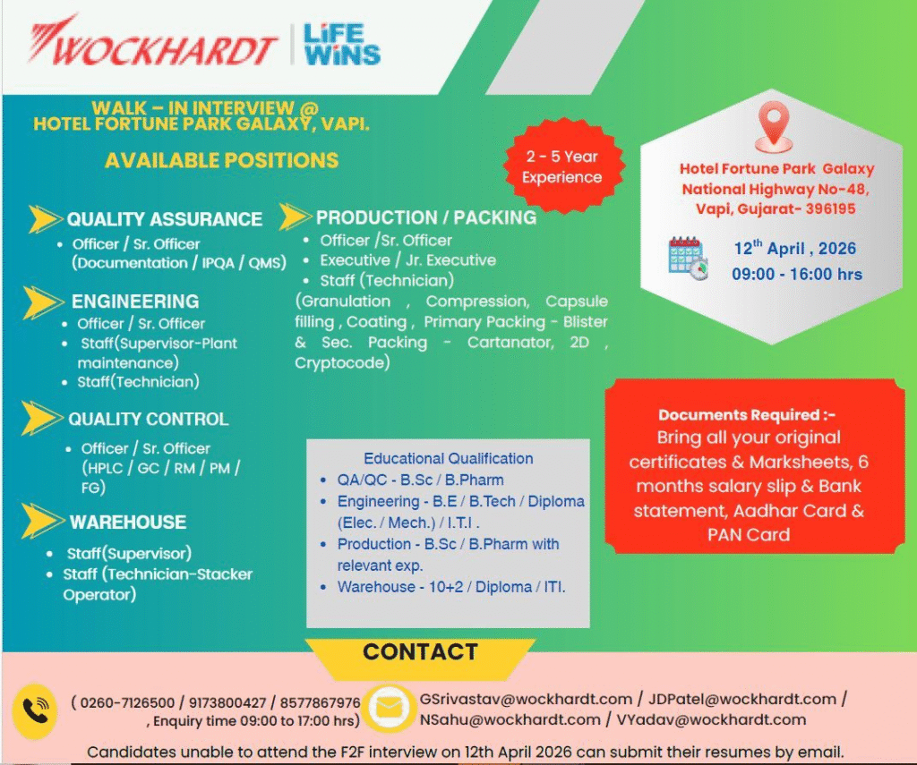 Wockhardt Walk-In Interview 2026: QA, QC, Engineering, Production & Warehouse Jobs in Vapi