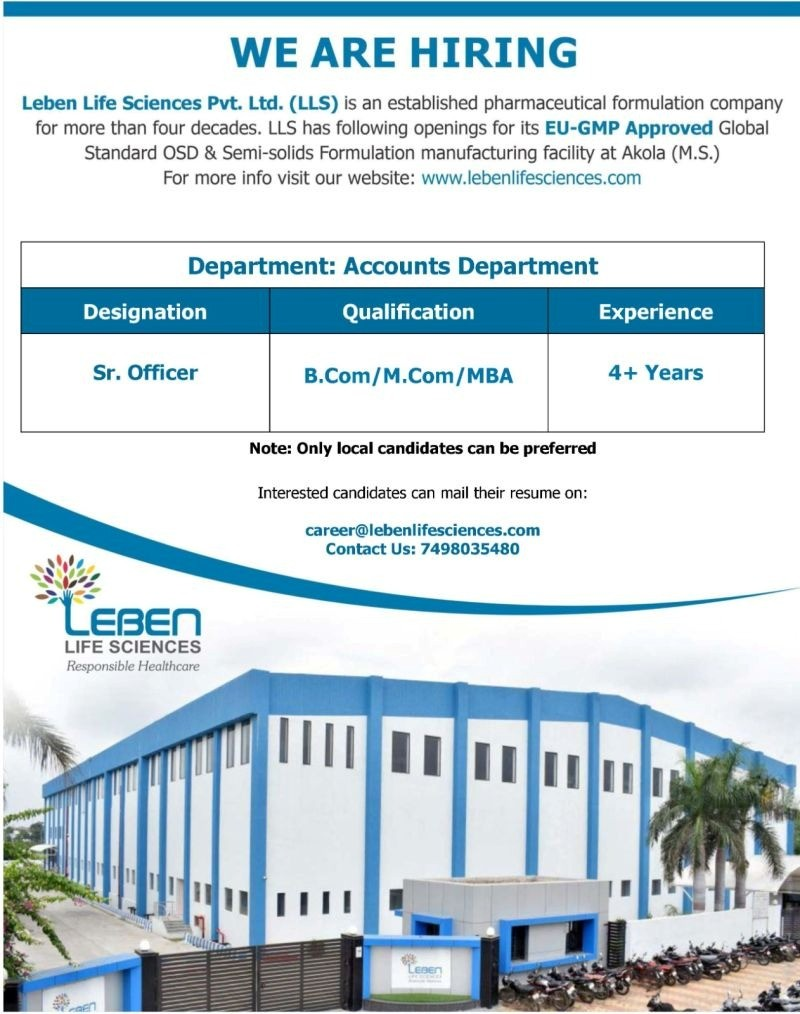 Sr. Officer – Accounts Department Job Opening at Leben Life Sciences, Akola