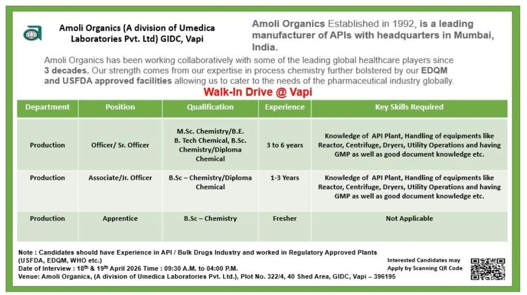 Amoli Organics Walk-in Interview for Production Jobs on 18th & 19th April 2026