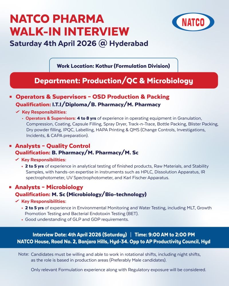 NATCO Pharma walk-in interview 2026 for production, QC and microbiology jobs in Hyderabad