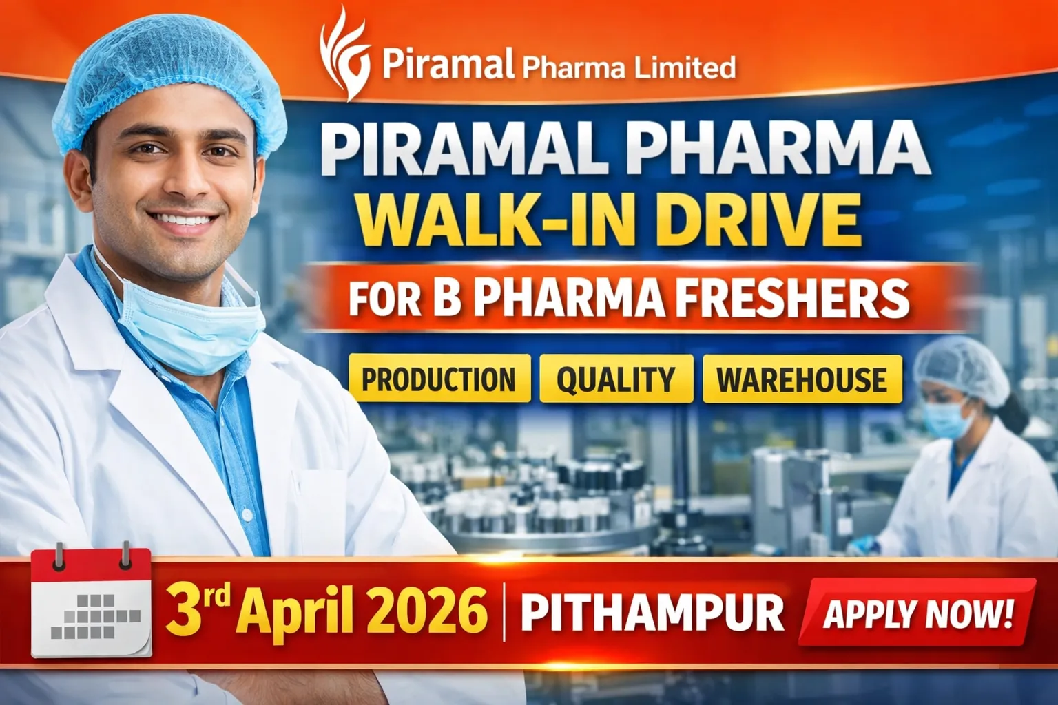 Piramal Pharma Walk-in 2026 B Pharma Freshers Apprentice Jobs Pithampur