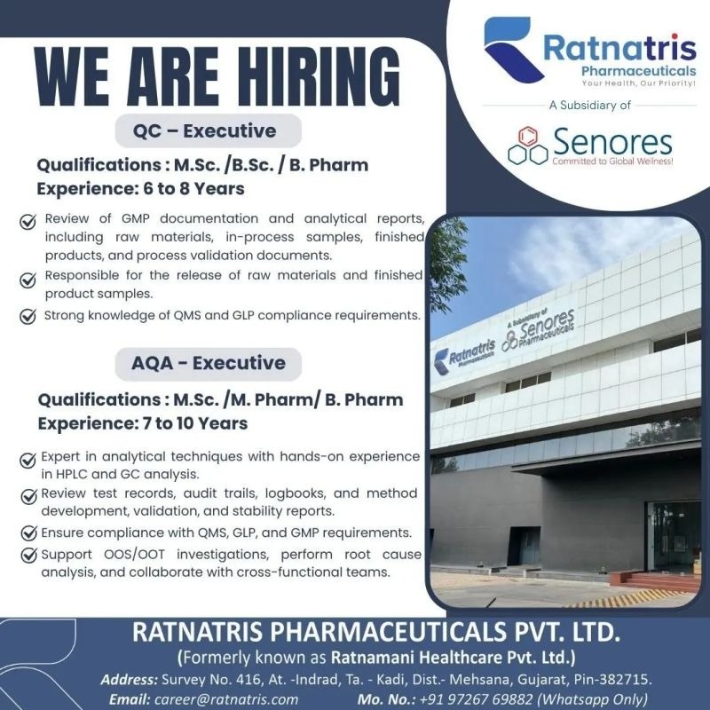 Pharma Jobs in India: QC Executive & AQA Executive Openings at Ratnatris Pharmaceuticals