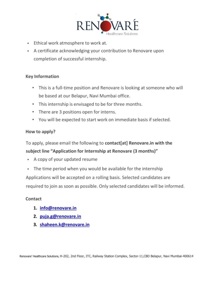 Internship Opportunity at Renovare Healthcare Solutions | Pharma Careers in India
