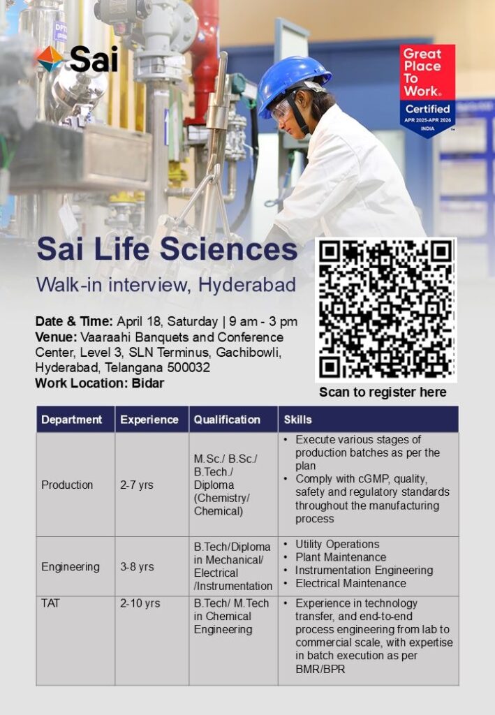 Sai Life Sciences Walk-in Interview for Production, Engineering & R&D Roles on April 18, 2026