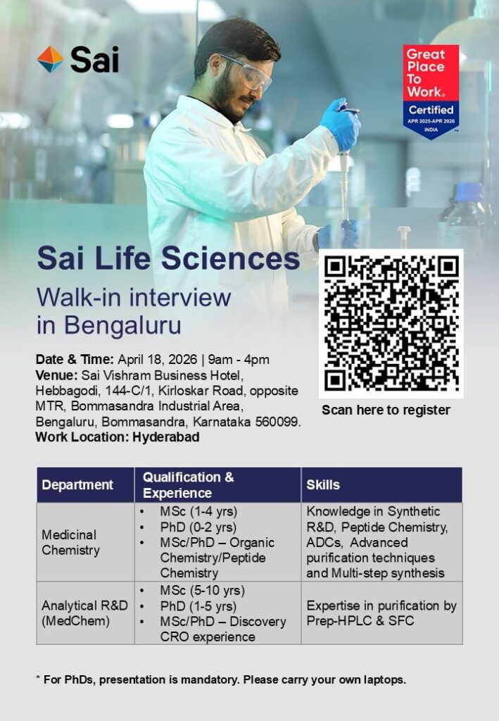 Sai Life Sciences Walk-in Interview for Production, Engineering & R&D Roles on April 18, 2026