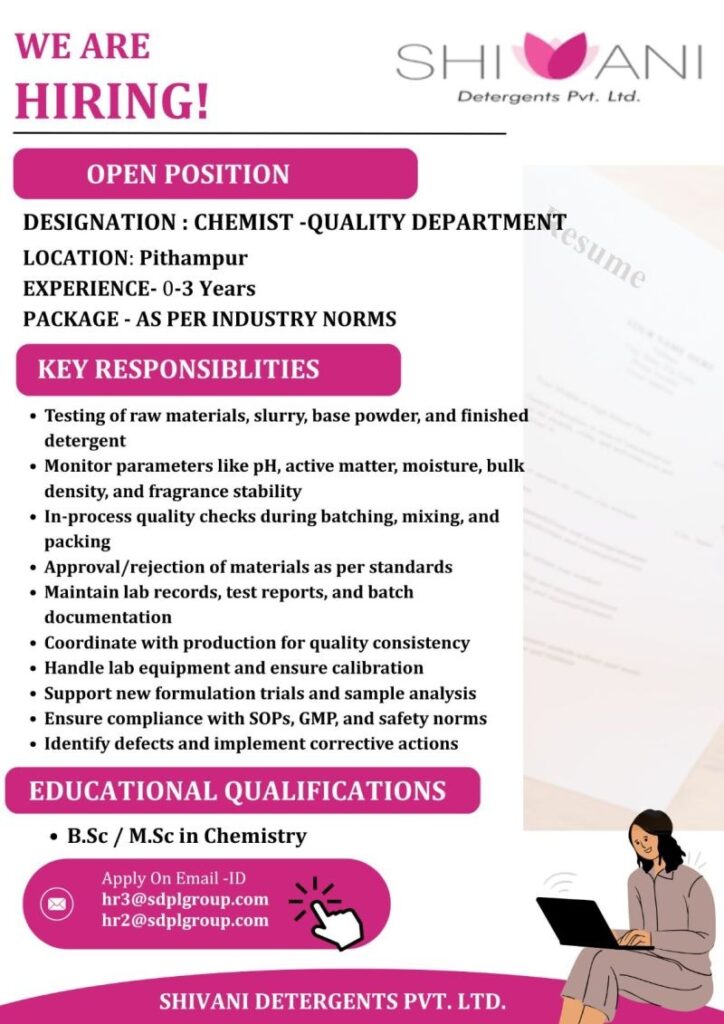 Chemist – Quality Job Opening at Shivani Detergents Pvt. Ltd. | Pharma & QC Jobs in India
