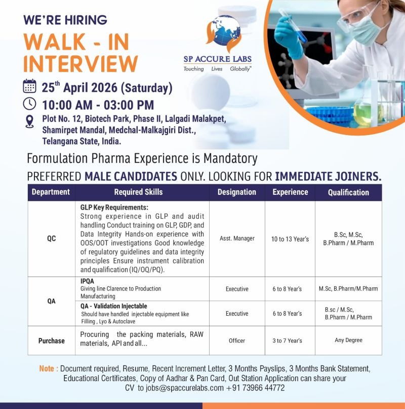 SP Accure Labs Walk-In Interview | QA, QC & Pharma Jobs in India on 25th April 2026 (Saturday)
