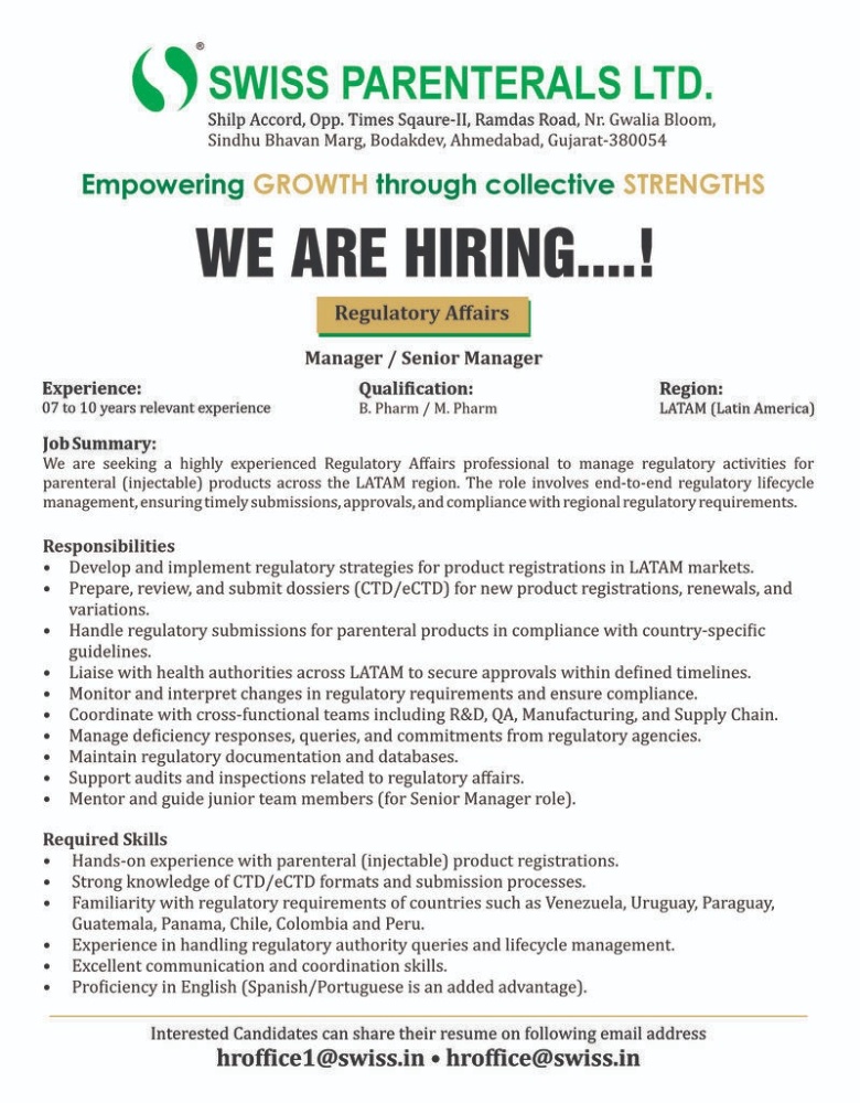 Regulatory Affairs Manager / Senior Manager Job – Swiss Parenterals Ltd (LATAM Region)