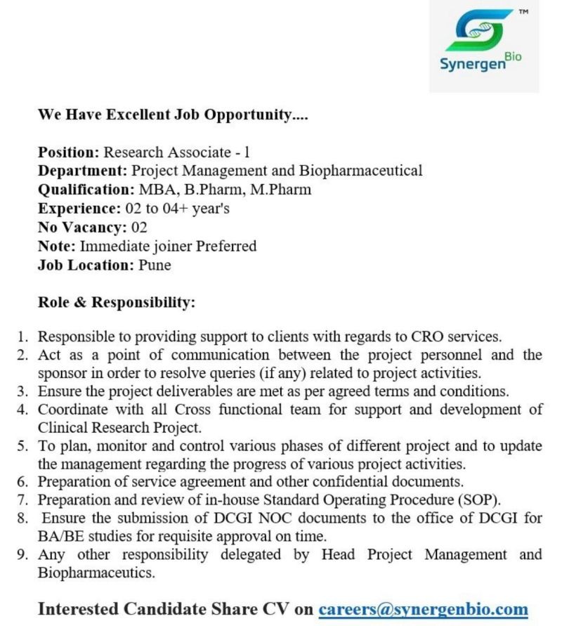 Research Associate Job in Pune | Pharma Jobs at Synergen Bio