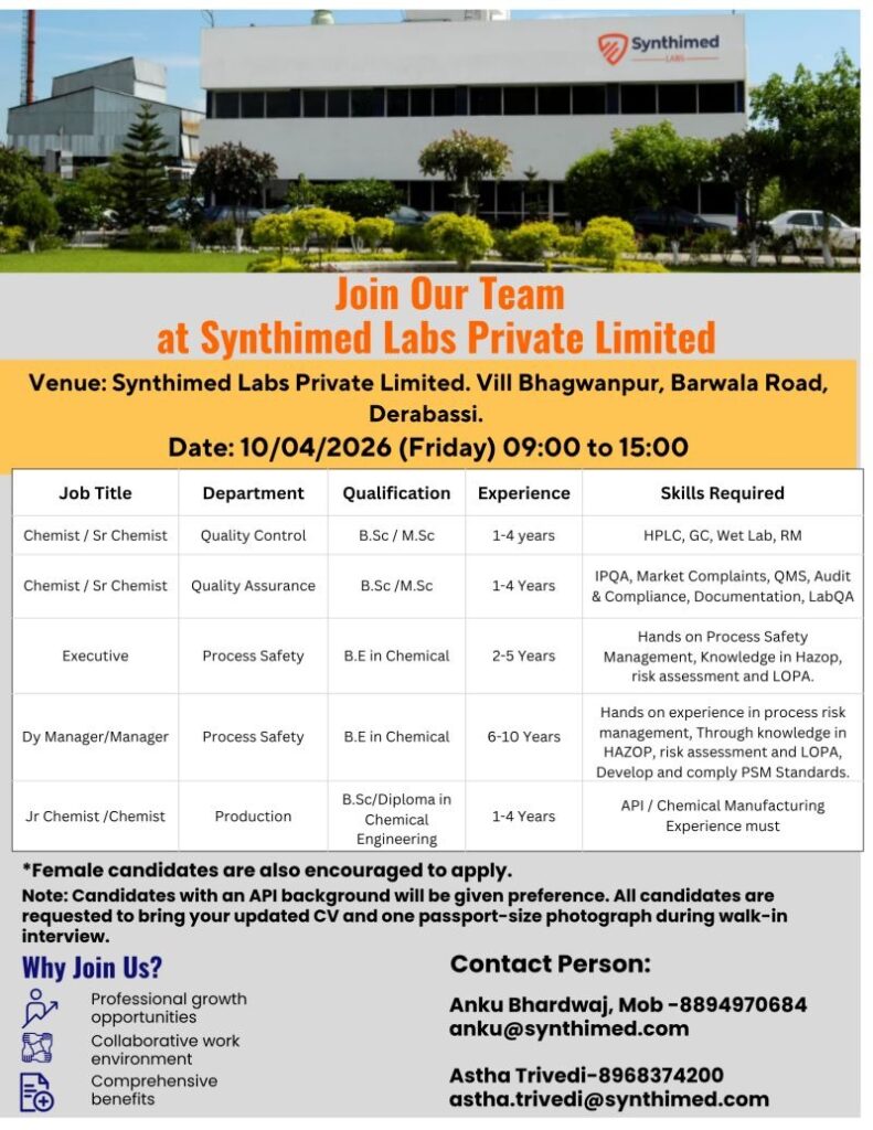 Synthimed Labs Walk-In Interview 2026 – QA, QC, Production & Process Safety Pharma Jobs