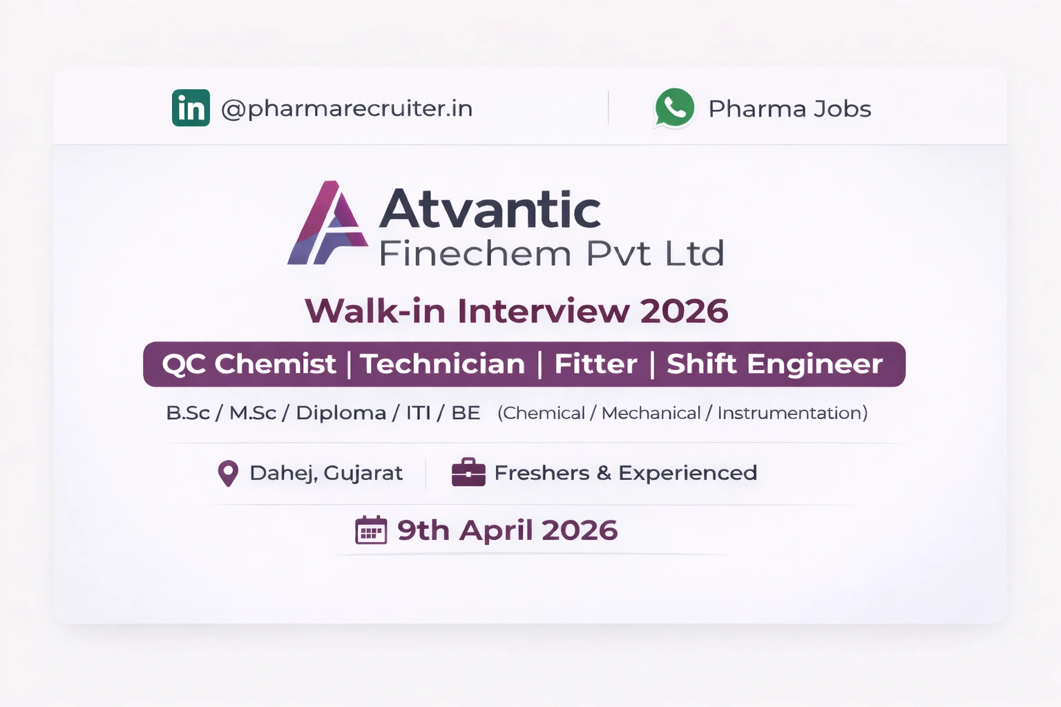 Walk-in Interview at Atvantic Finechem Pvt Ltd Dahej