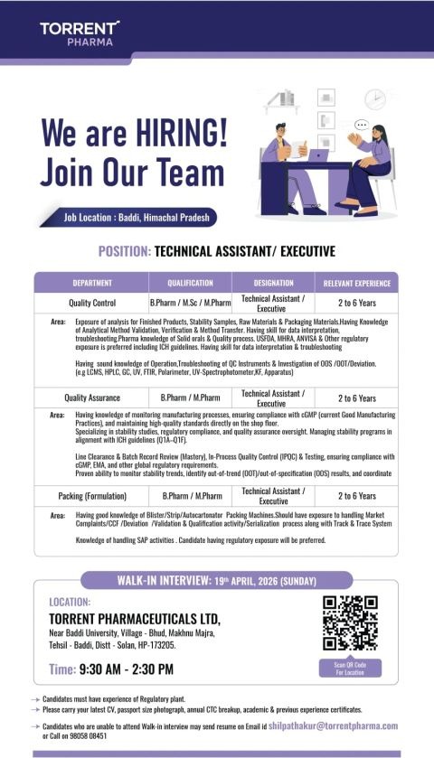 Torrent Pharma Walk-In Interview for QA, QC & Packing Roles in Baddi on 19 April 2026 (Sunday)