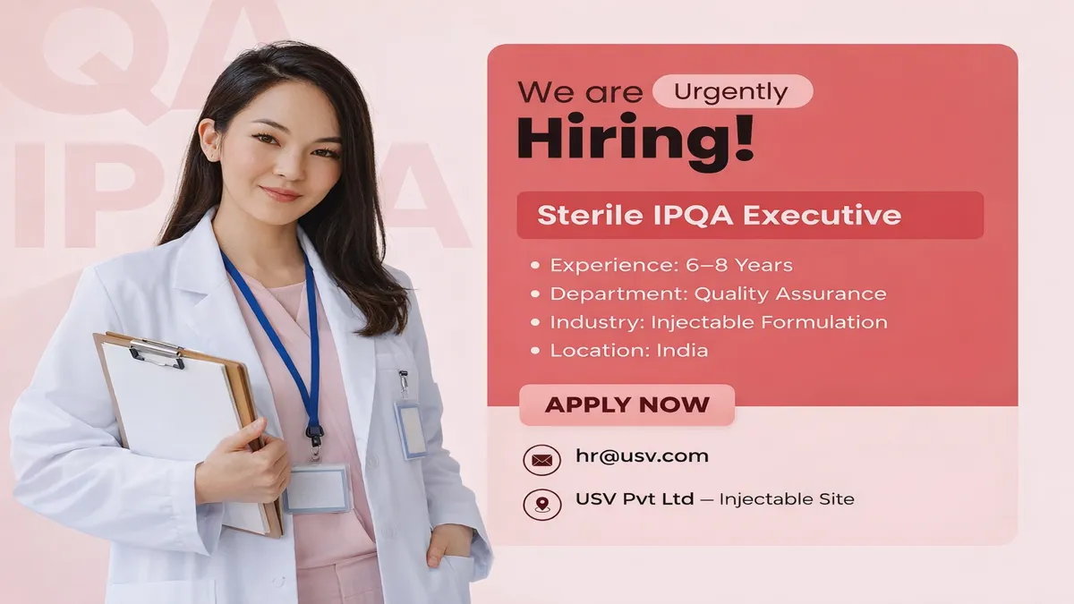 Exciting pharma jobs opportunity! USV Pvt Ltd is hiring a Sterile IPQA Executive for its USFDA-approved injectable site. Ideal for experienced QA professionals seeking growth in sterile formulation.