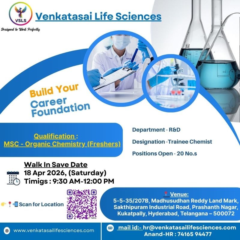 Venkatasai Life Sciences Walk-In Interview | Freshers Pharma Jobs in R&D on 18 April 2026 (Saturday)