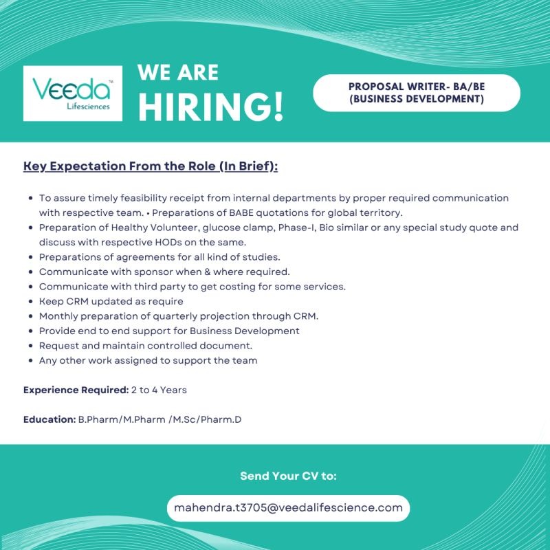 Proposal Writer – BA/BE Job at Veeda Lifesciences | Pharma Jobs Opportunity