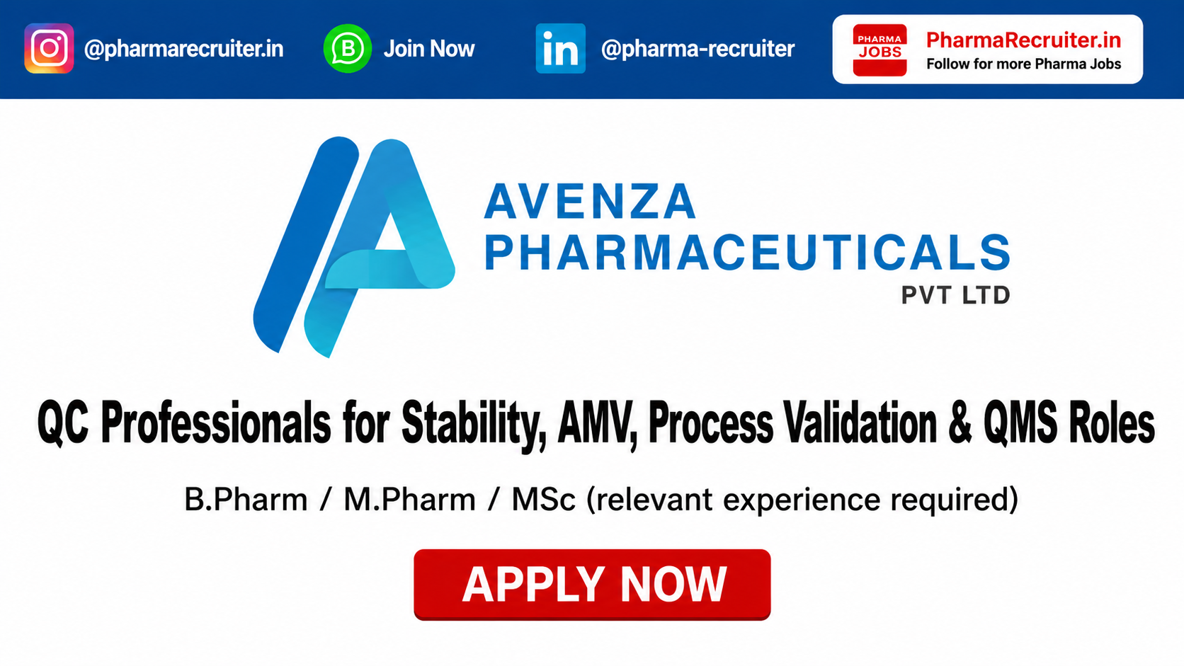 B.Pharm / M.Pharm / MSc (relevant experience required)