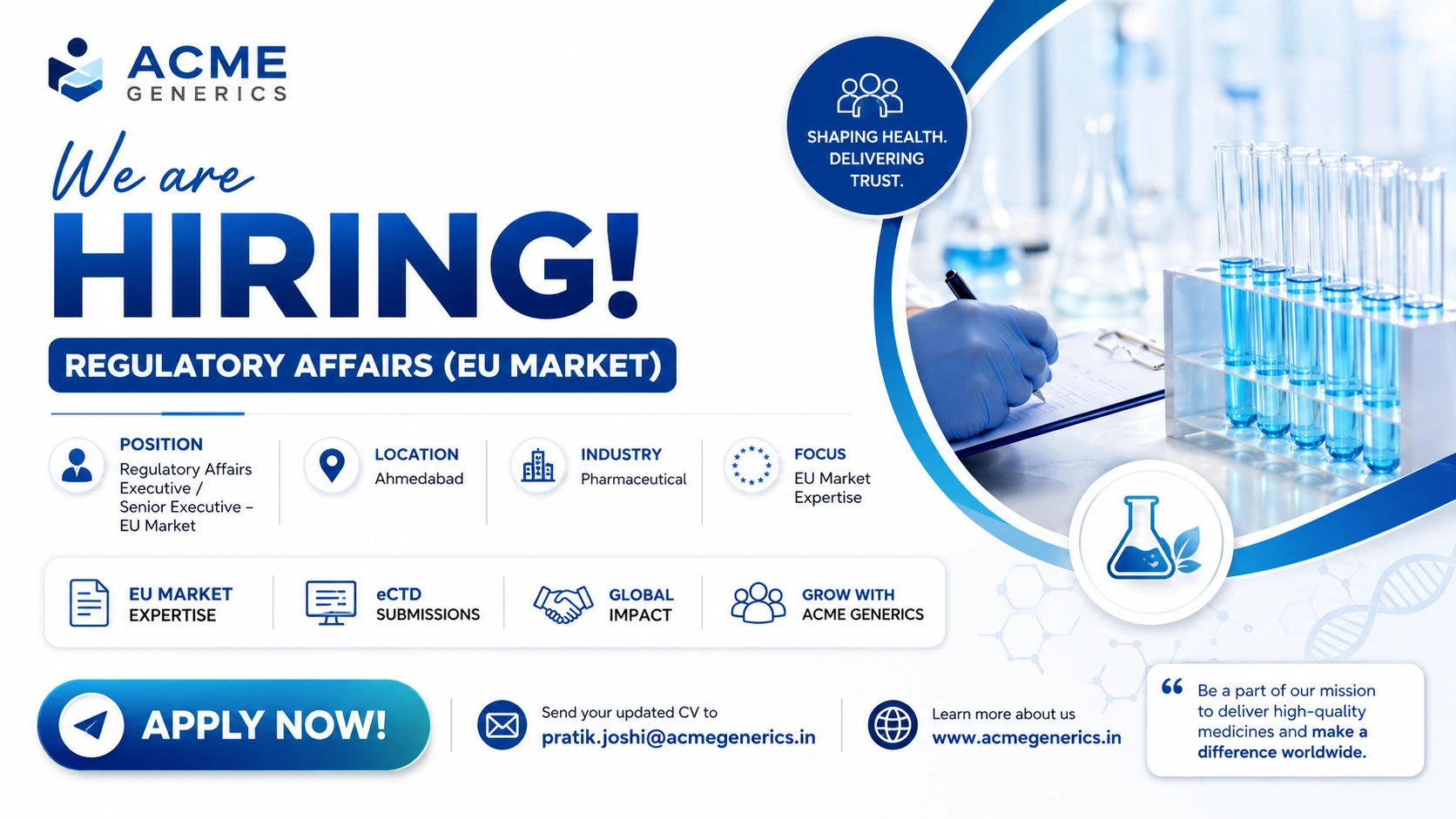 ACME Generics Hiring Regulatory Affairs Executive/Senior Executive (EU Market) – Pharma Jobs in Ahmedabad