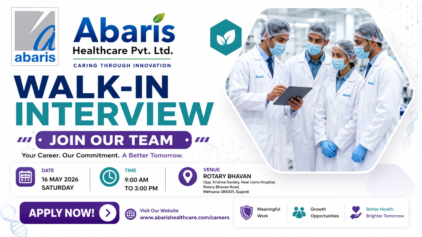 Abaris Healthcare Walk-In Interview for Production, QC, QA & Engineering Roles in Gujarat on 16 May 2026 (Saturday)