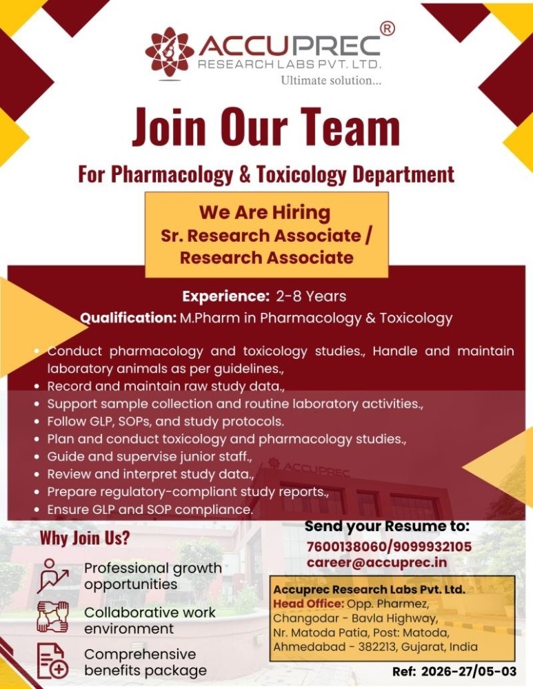 ACCUPREC Research Labs Hiring 2026 – Pharmacology & Toxicology Jobs in Ahmedabad
