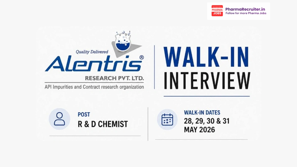 Alentris Research Pvt Ltd Hiring R&D Chemist – Walk-in Interviews Gandhinagar 28th to 31st May 2026