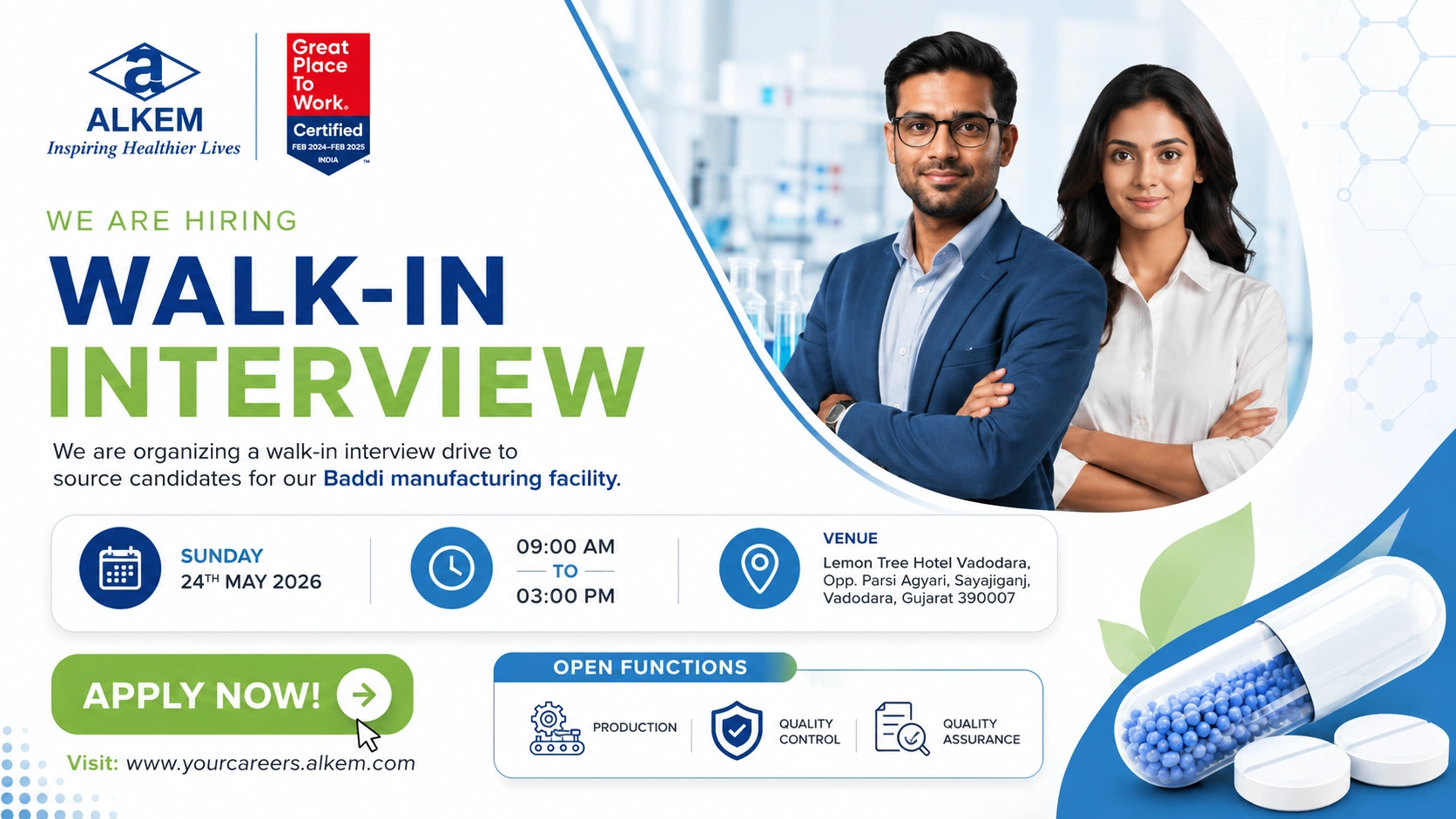 Alkem Laboratories Walk-in Interview for Production, QA & QC Jobs in Baddi on Sunday, 24th May 2026