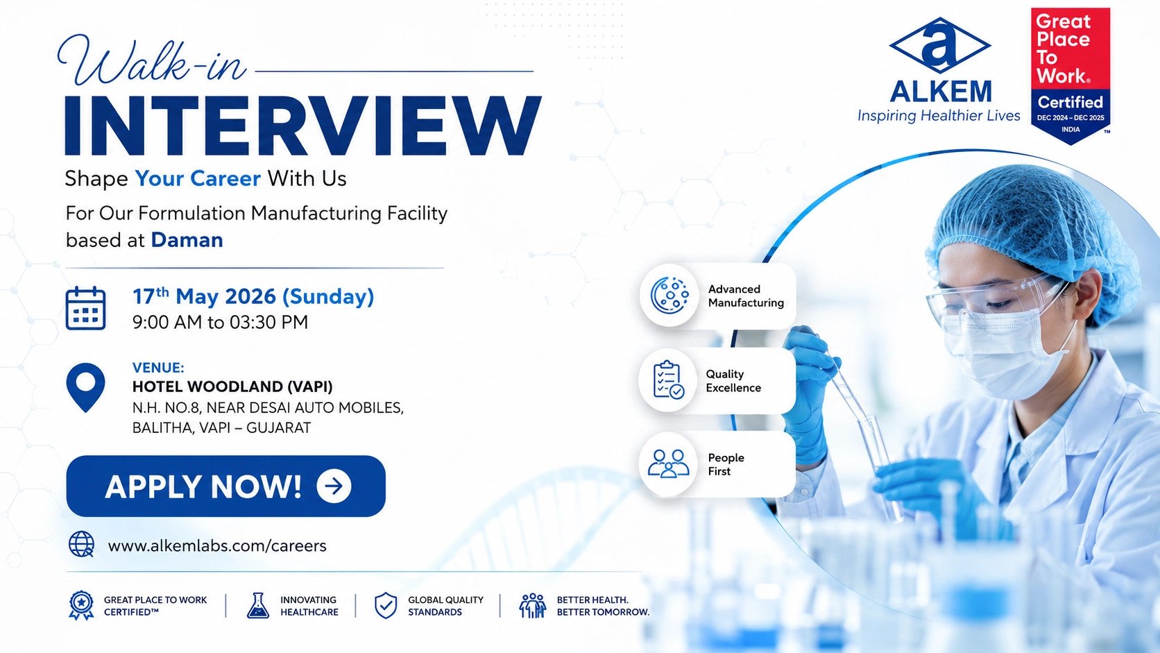 Alkem Laboratories Walk-In Interview for QA, QC, Production & Warehouse Roles in Daman on 17th May 2026 (Sunday)