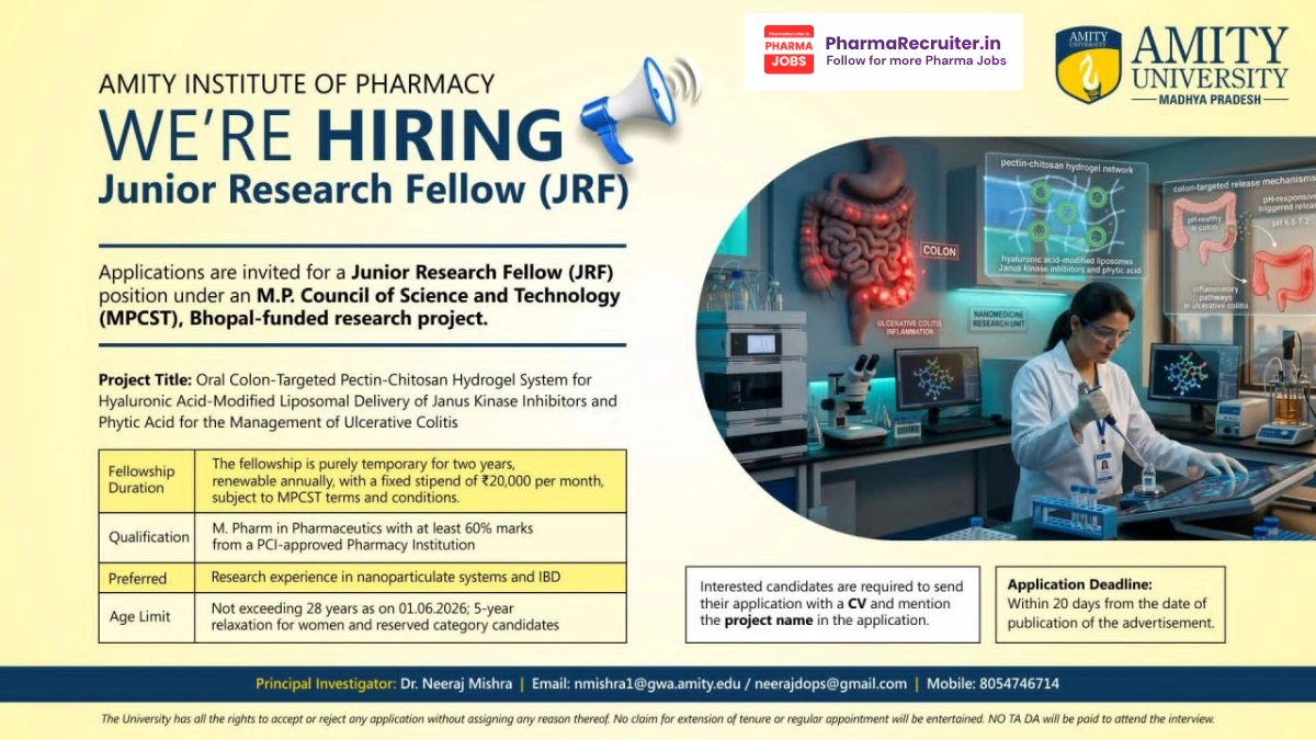 Amity Institute of Pharmacy Hiring Junior Research Fellow (JRF) – MPCST Funded Project