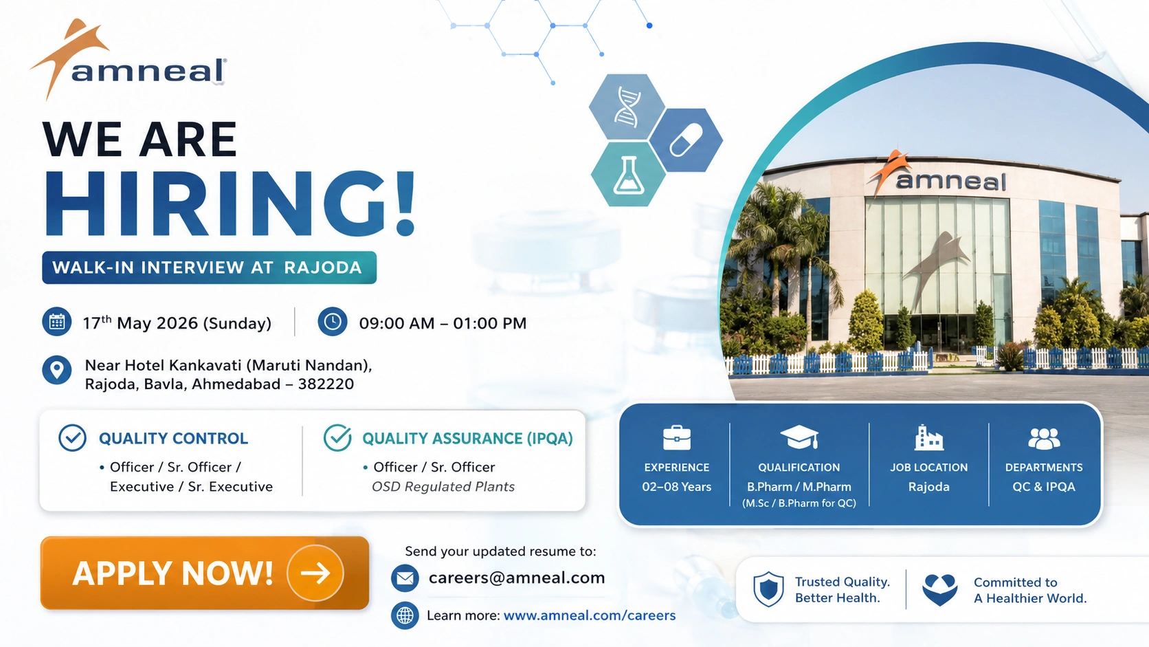 Amneal Pharmaceuticals Walk-In Interview for QC & QA (IPQA) Jobs at Rajoda, Ahmedabad on 17 May 2026 (Sunday)