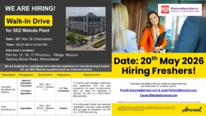 Amneal Pharmaceuticals Walk-in Drive for Freshers & Operators at SEZ Matoda Plant Ahmedabad 2026