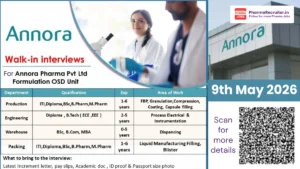Annora Pharma Walk-In Interview on 9th May 2026 at Hyderabad for OSD Formulation Unit