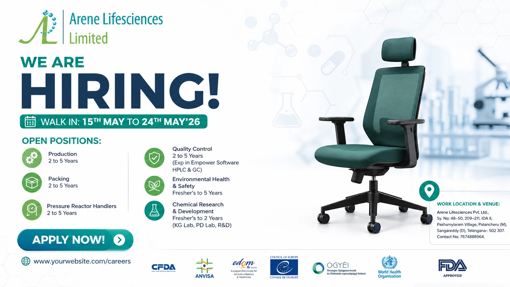 Arene Lifesciences Walk-In Interview for Production, QC, EHS & R&D Roles in Telangana on 15th May to 24th May 2026