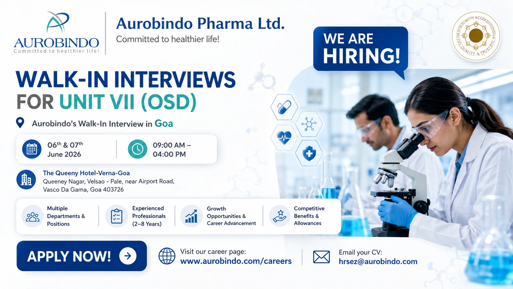 Aurobindo Pharma Walk-In Interview in Goa for Production, QA, QC & Packing Roles on 06th & 07th June 2026