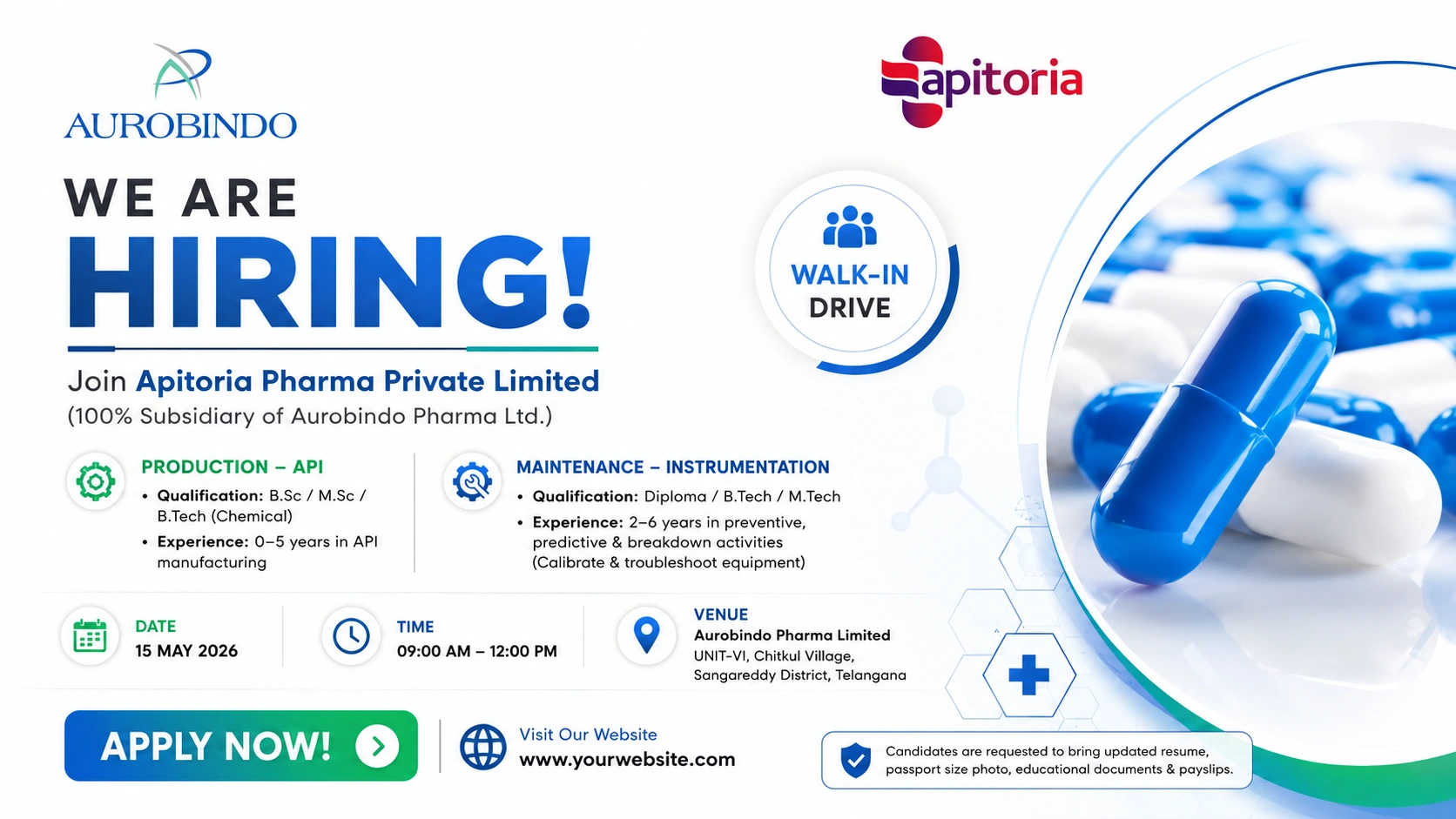 API Production & Instrumentation Jobs at Aurobindo Pharma Limited – Walk-In Drive in Hyderabad on 15 May 2026 (Friday)