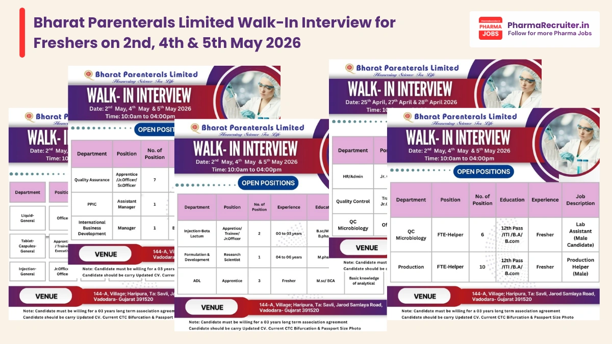 Bharat Parenterals Limited Walk-In Interview on 2nd, 4th & 5th May 2026