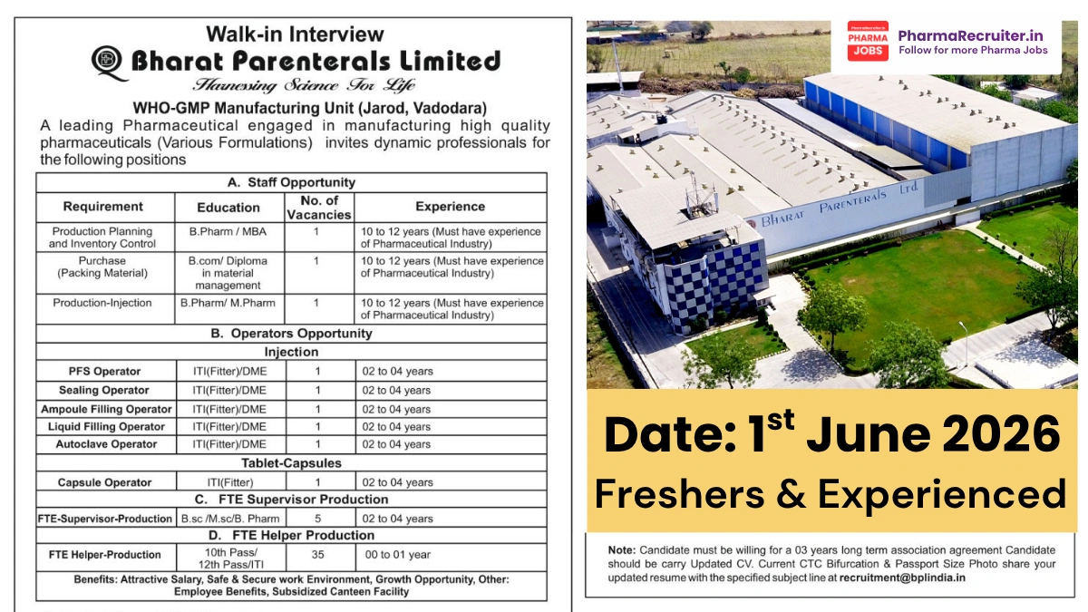 Bharat Parenterals Limited Walk-in Interview 2026 – Production, Operator & Supervisor Jobs in Vadodara