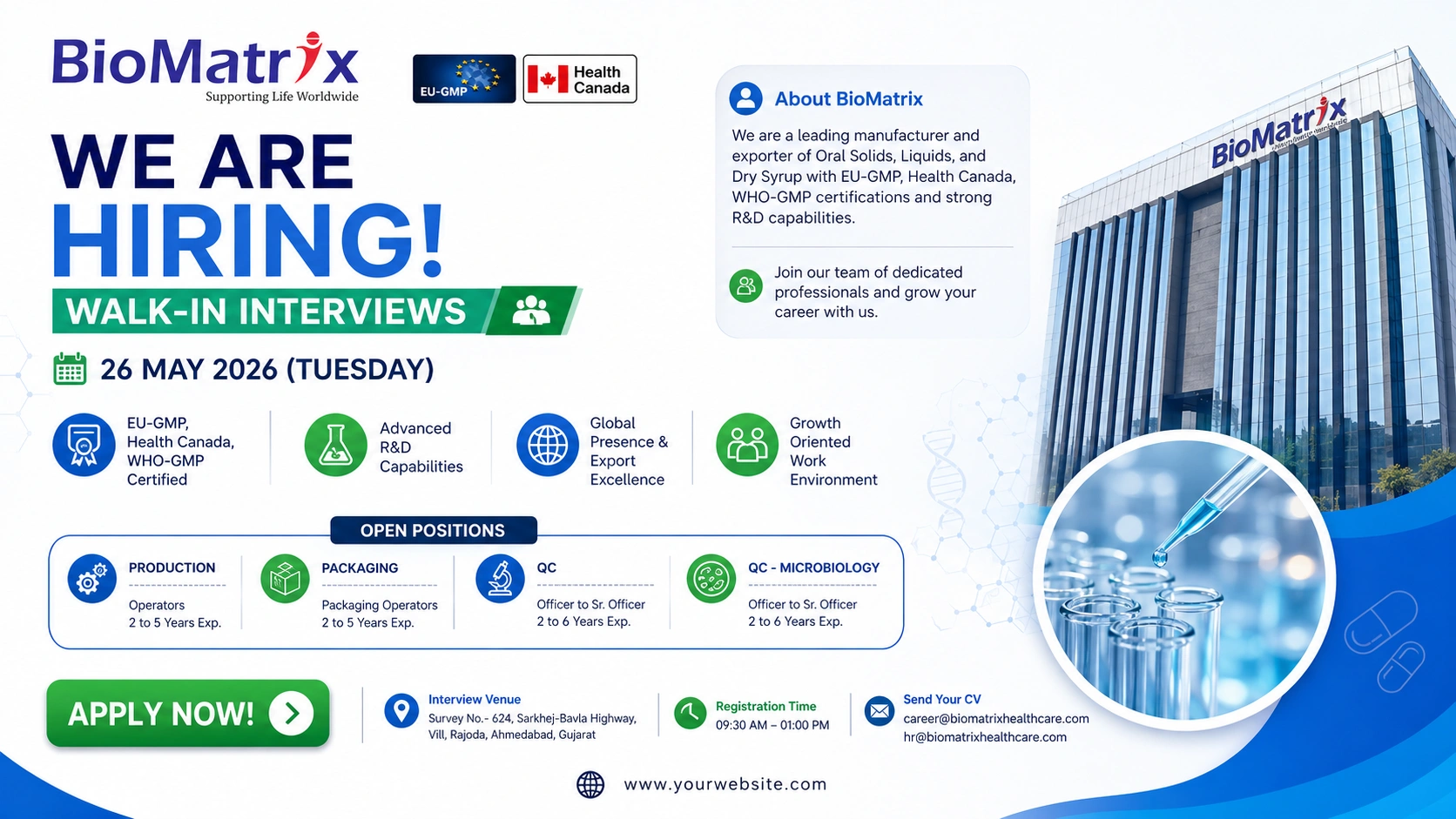 BioMatrix Walk-In Interview for Production, QC, Packaging & Microbiology Roles in Ahmedabad on 26 May 2026 (Tuesday)