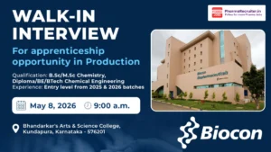Biocon Walk-In Interview for Apprenticeship in Production on 8th May 2026