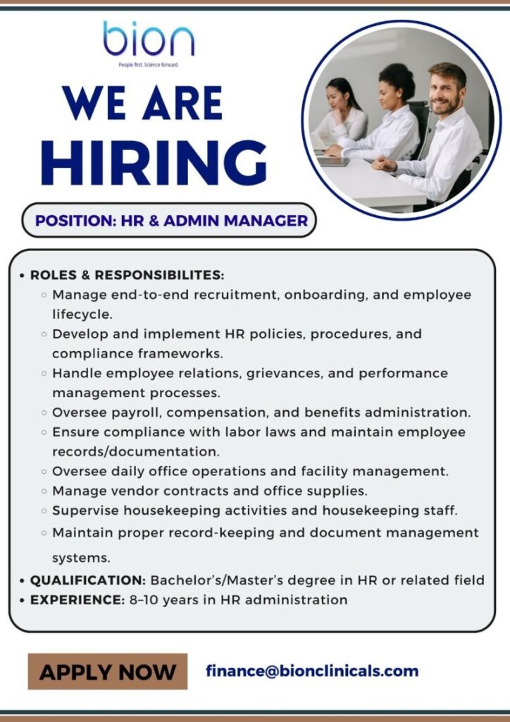 HR & Admin Manager Jobs at Bion Clinicals | Pharma Careers in India