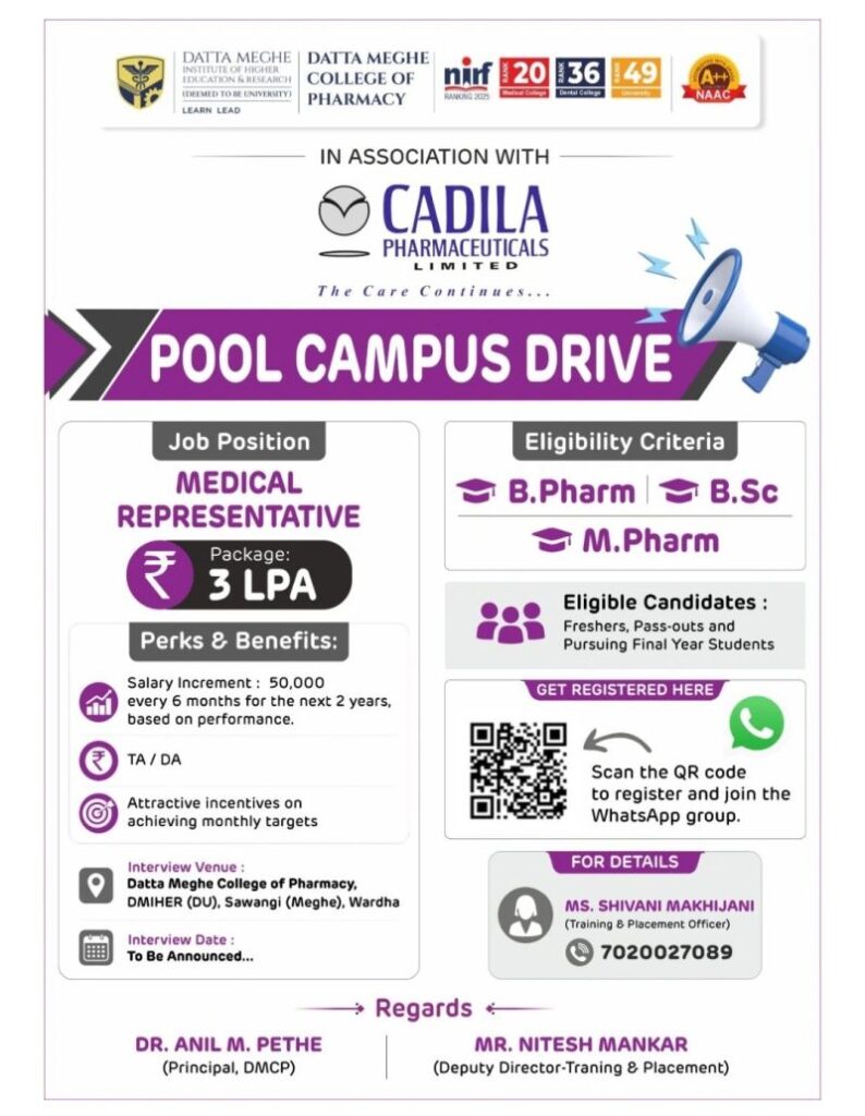 Medical Representative Pool Campus Drive 2026 at Cadila Pharmaceuticals Limited in Association with Datta Meghe College of Pharmacy
