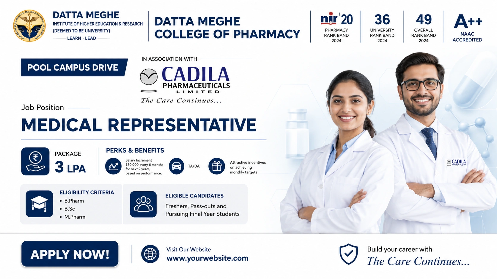 Medical Representative Pool Campus Drive 2026 at Cadila Pharmaceuticals Limited in Association with Datta Meghe College of Pharmacy