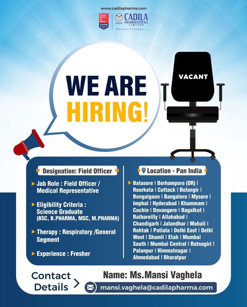 Field Officer / Medical Representative Jobs at Cadila Pharmaceuticals – Freshers Hiring Across India