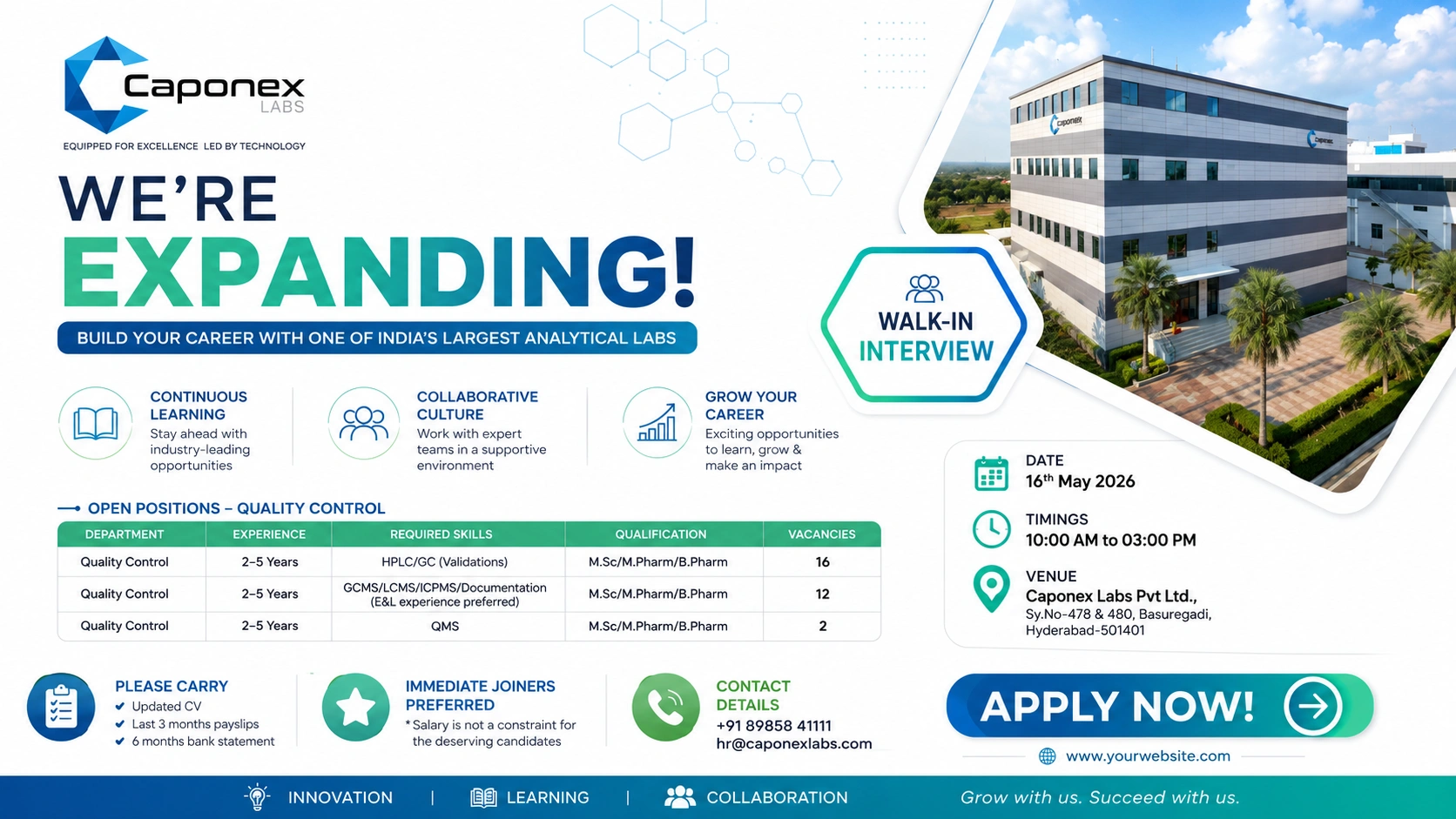 Caponex Labs Walk-In Interview for Quality Control Professionals in Hyderabad on 16 May 2026