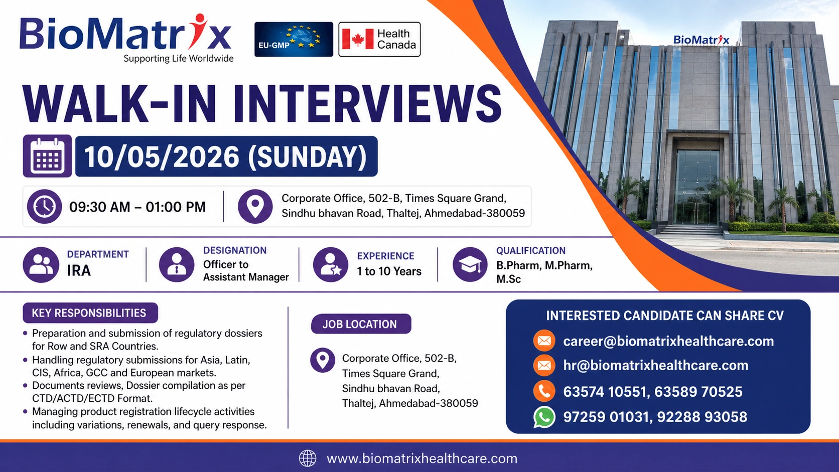 BioMatrix Healthcare Walk-In Interview | Pharma Jobs in Regulatory Affairs (IRA) on 10th May 2026 (Sunday)
