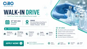 CIRO Walk-In Drive for Production, Warehouse & Microbiology Roles in Telangana on 16th May 2026