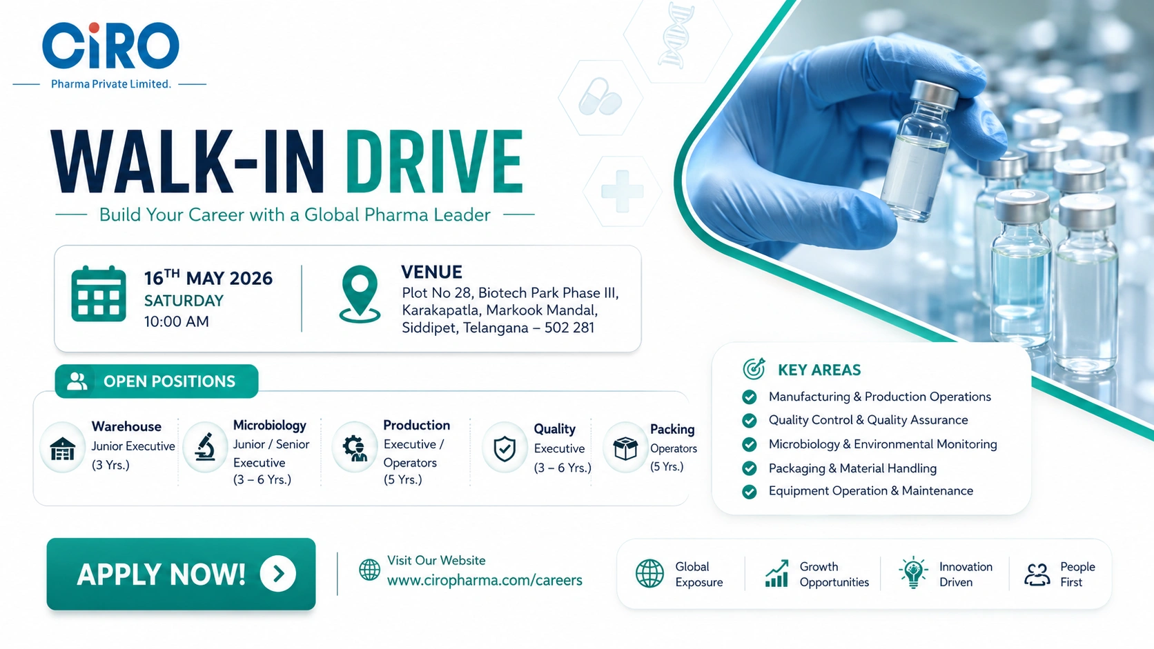 CIRO Walk-In Drive for Production, Warehouse & Microbiology Roles in Telangana on 16th May 2026