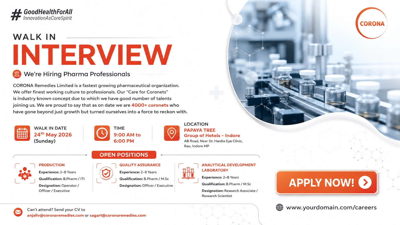 CORONA Remedies Limited Walk-In Interview for Production, QA & Analytical Development Roles on 24th May 2026
