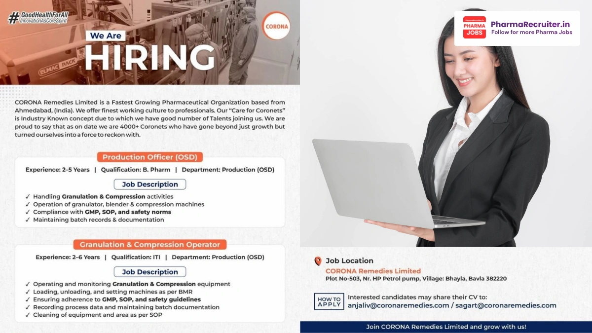 Corona Limited Hiring for Production Officer (OSD) and Granulation & Compression Operator