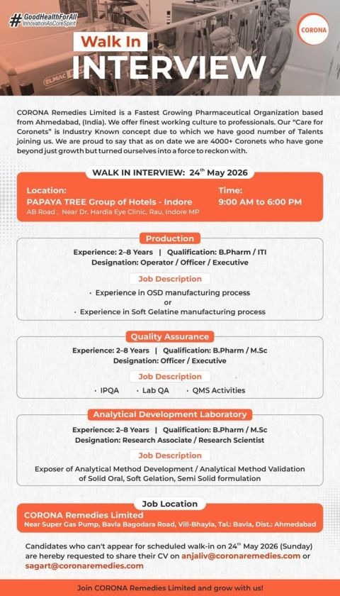 CORONA Remedies Limited Walk-In Interview for Production, QA & Analytical Development Roles on 24th May 2026