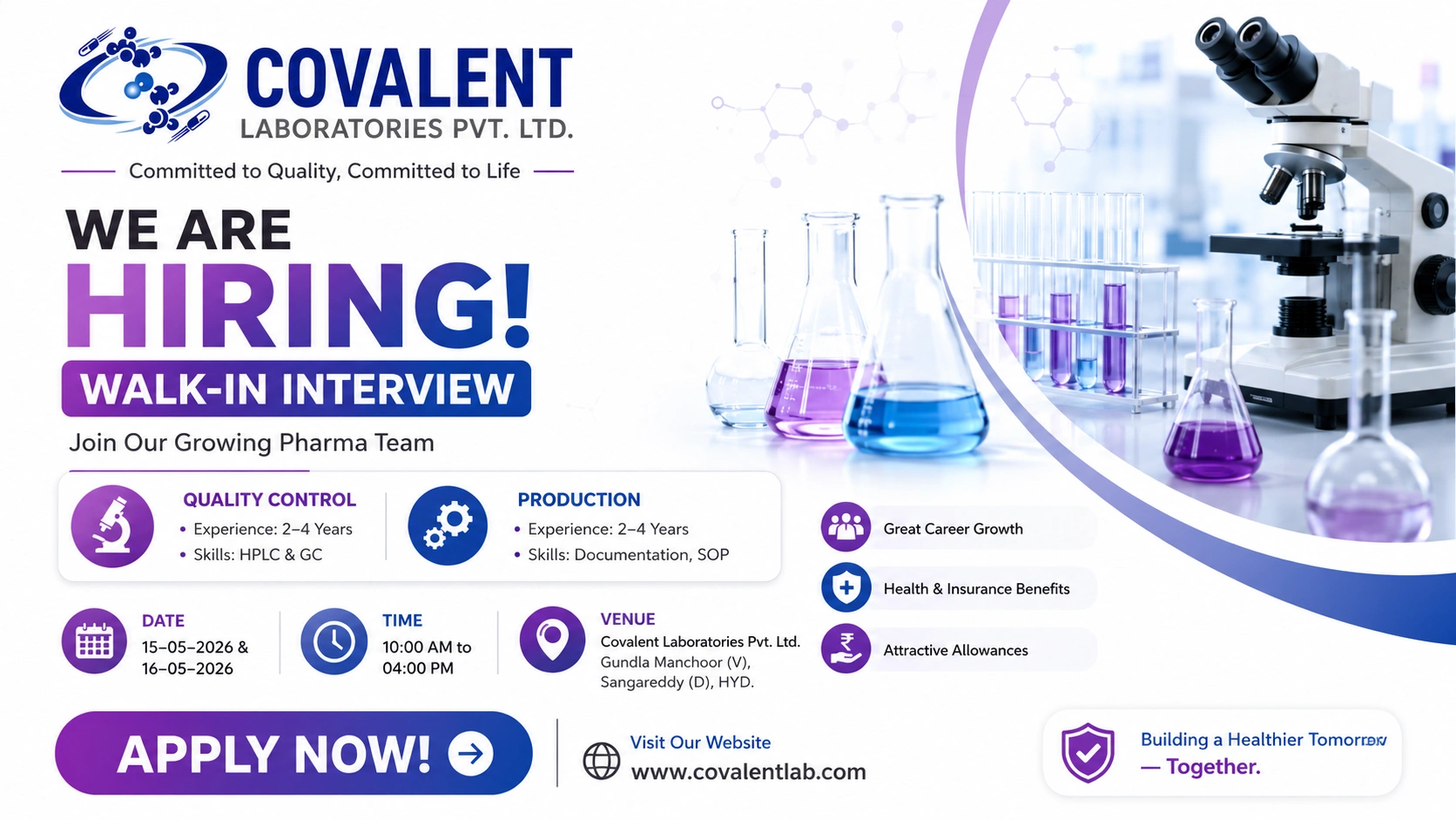 Covalent Laboratories Walk-In Interview for Production & Quality Control Roles in Hyderabad on 15 May 2026 & 16 May 2026